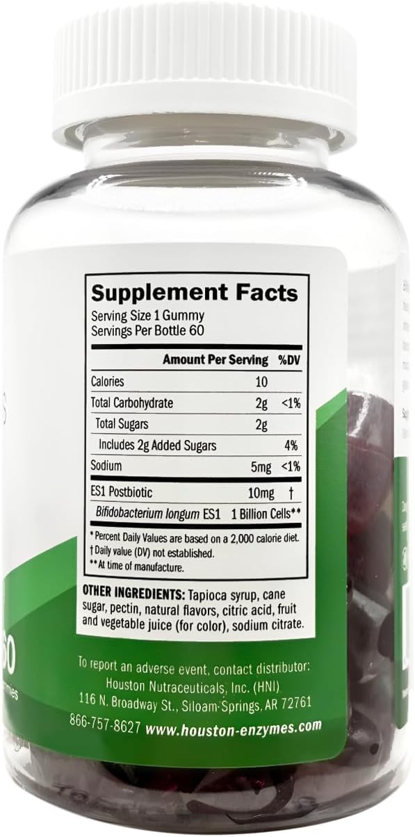 Houston Enzymes BioYummies Postbiotic Digestive Health Supplement with ES1 Postbiotics, Gut Health for Men & Women, Metabolites from Prebiotics and Probiotics, 60 Fruit Punch Flavor Chewable Gummies