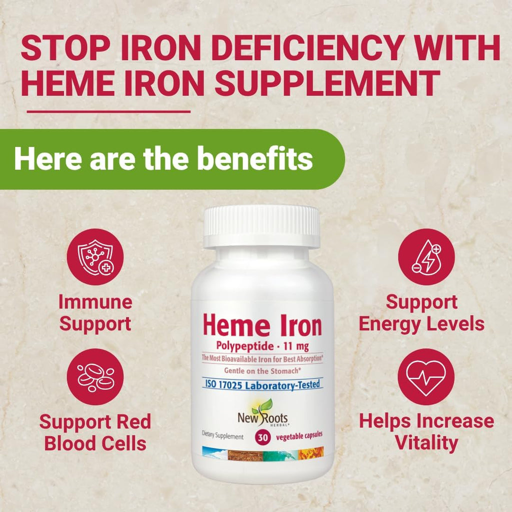 NEW ROOTS HERBAL Heme Iron Supplement with Vitamin C & B12 for Best Absorption | Iron Deficiency Support | Hemoglobin Supplements Designed by Naturopathic Doctors | Low-FODMAP (30 Capsules)