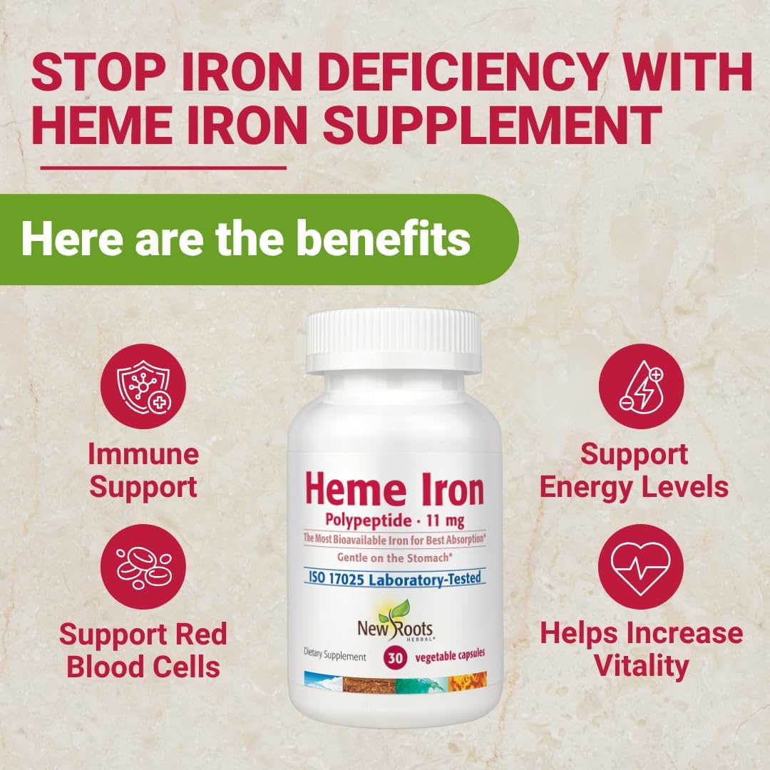 NEW ROOTS HERBAL Heme Iron Supplement with Vitamin C & B12 for Best Absorption | Iron Deficiency Support | Hemoglobin Supplements Designed by Naturopathic Doctors | Low-FODMAP (30 Capsules)