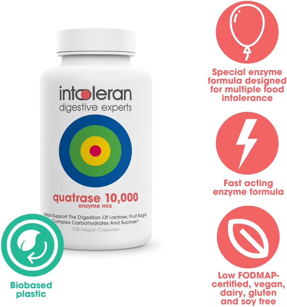 Intoleran Quatrase Forte Digestive Enzymes - 108 Capsules | Highly Dosed Supplement for FODMAP Intolerance | Helps Digest Lactose and Complex Carbohydrates* | Pure & Vegan | Low FODMAP