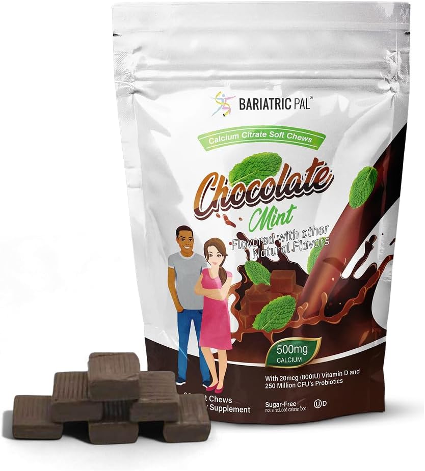BariatricPal Sugar-Free Calcium Citrate Soft Chews | 500mg with Vitamin D & Probiotics | Chocolate Mint | 90 Count (1 Month Supply)
