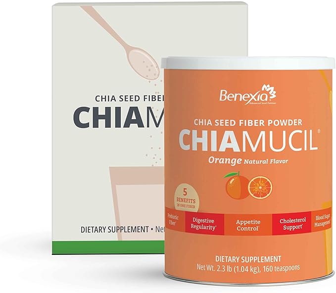 Chiamucil Prebiotic Fiber Supplement Powder – Chia Fiber & Chicory Root (Inulin) for Digestive Health & Appetite Control – Gluten & Sugar Free, Vegan, Non-GMO, Orange - 80 Servings