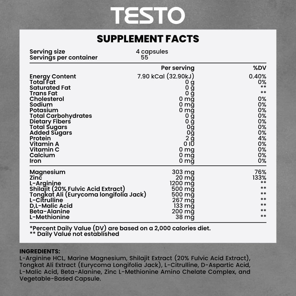 COURA Mens Testo - 220 Capsules 55 Servings - Vitamins for Men - Mens Testo - Shilajit Zinc Magnesium L Arginina Citrulina Beta
