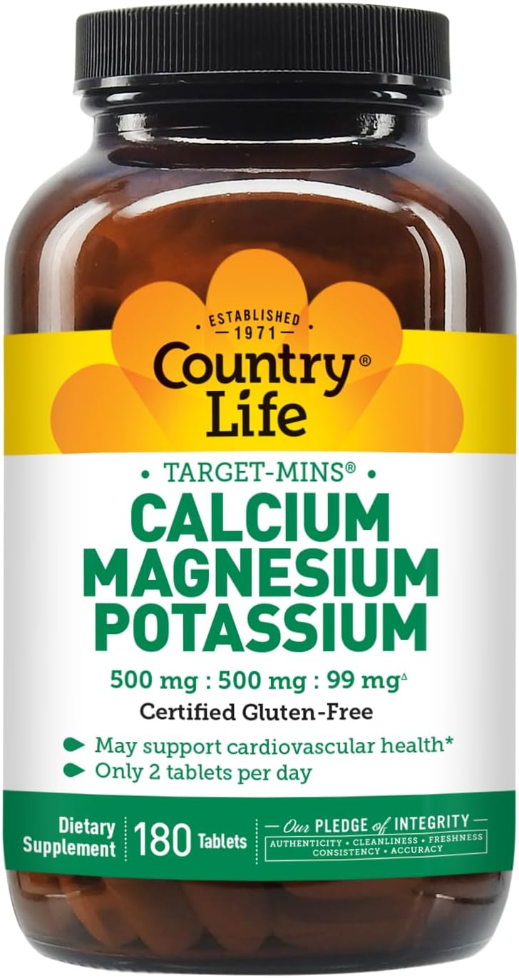 Country Life Target Mins - Calcium Magnesium Potassium Bone & Heart Health Supplement, 1000mg Calcium, 500mg Magnesium, Supports Calcium Utilization, 180 Tablets – Certified Gluten Free & Vegan