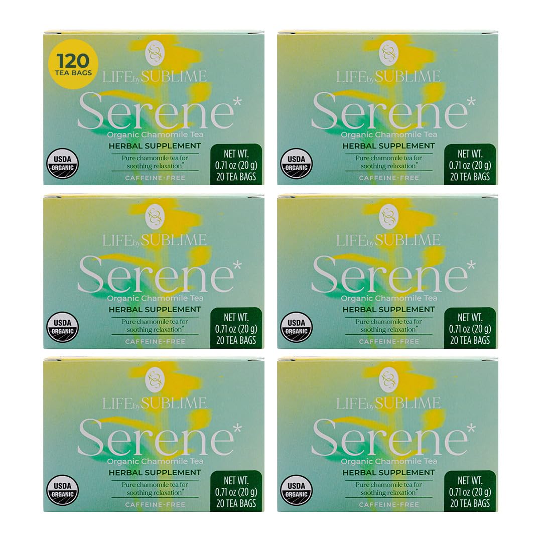 Life by Sublime - Organic Teas - Premium Brazilian Harvest, Naturally Caffeinated or Non-Caffeinated - Supports Digestion, Immune Health, Calmness, Relaxation - 20 Tea Bags (120 Tea Bags, Organic Chamomile Tea)