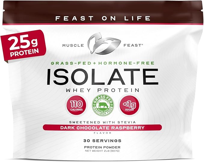 Muscle Feast Grass-Fed Whey Protein Isolate, All Natural Hormone Free Pasture Raised, Whey Isolate Protein Powder for Men and Women, Clean and Delicious, Gluten-Free - Dark Chocolate Raspberry, 2lb