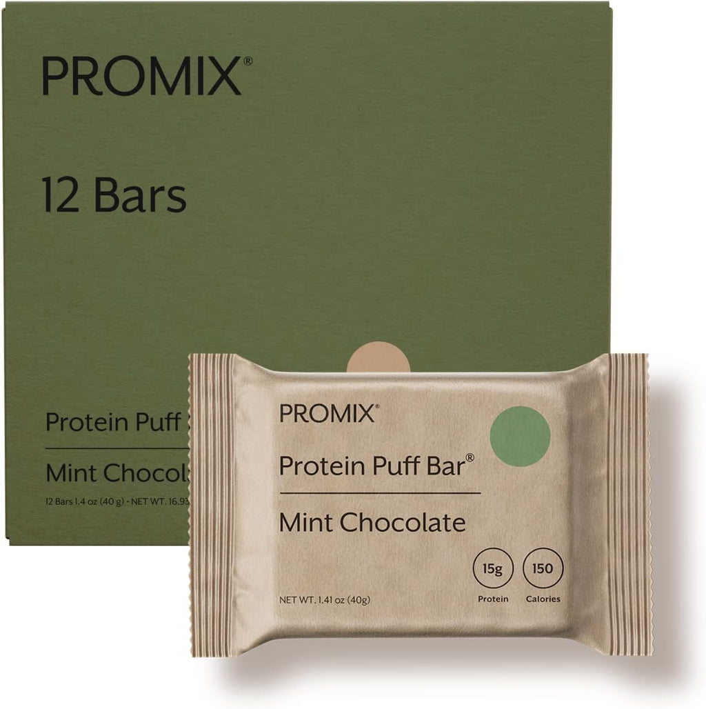 ProMix Protein Puff Bars, 12-Pack - Mint Chocolate- Marshmallow Crispy Treat - Great Tasting & Healthy On The Go Snack - High Protein & Low Calorie - Non-GMO & Free From Gluten, Soy, & Corn