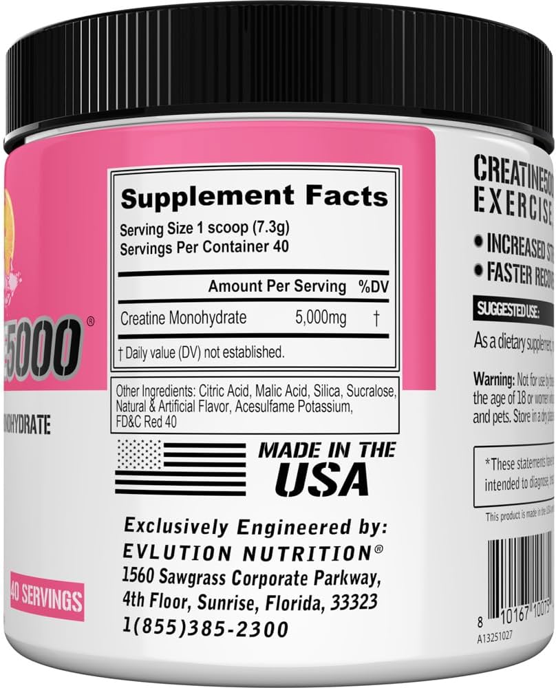 Evlution Nutrition Creatine 5000 - Supports Faster Recovery, Lean Muscle Growth & Performance - Pre & Post Workout Powder - 5000mg Pure Creatine Monohydrate Per Serving - 40 Servings - Pink Lemonade