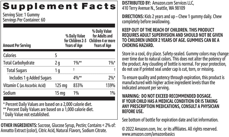 Amazon Basics Kids' Vitamin C 125mg Gummies, Orange, 60 Count, Immune Health, 2 Month Supply (Previously Solimo)