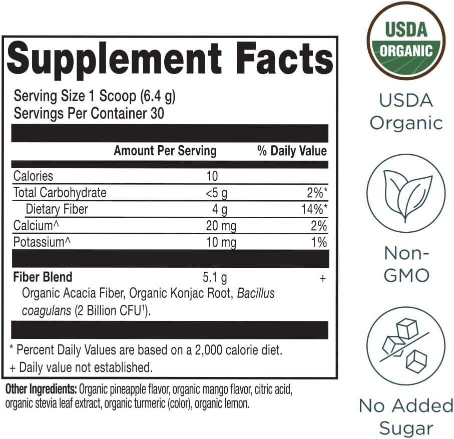 Ancient Nutrition Organic Fiber Powder, Pineapple Mango, Soluble Fiber from Acacia & Konjac Root, Supports Digestive Health, Reduces Bloating, 6.4 oz