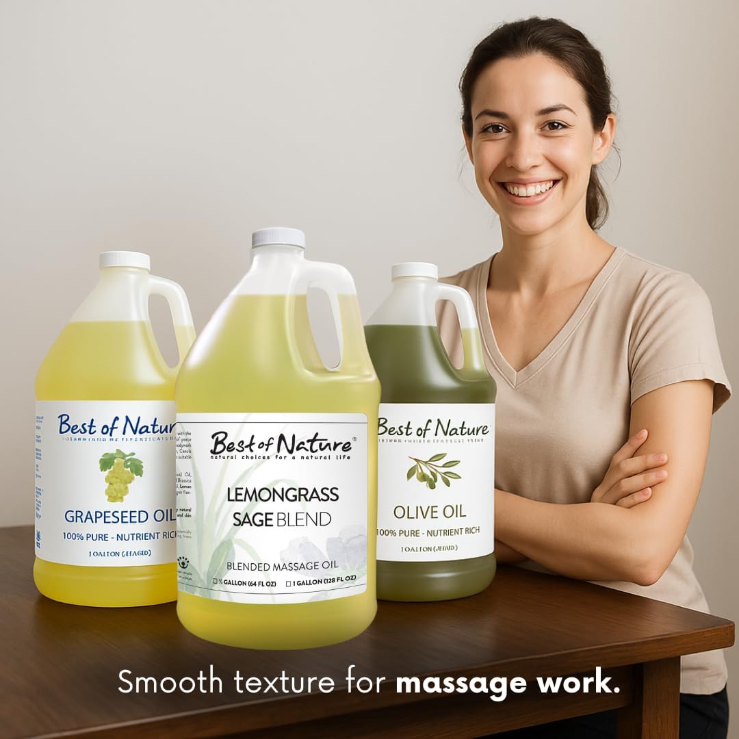 Best of Nature Lemongrass and Sage Massage Oil Blend - Non-Greasy Aromatherapy Massage Oil for Body, Skin & Face, Crafted with Pure Essential Oils, Half Gallon (64 fl oz)