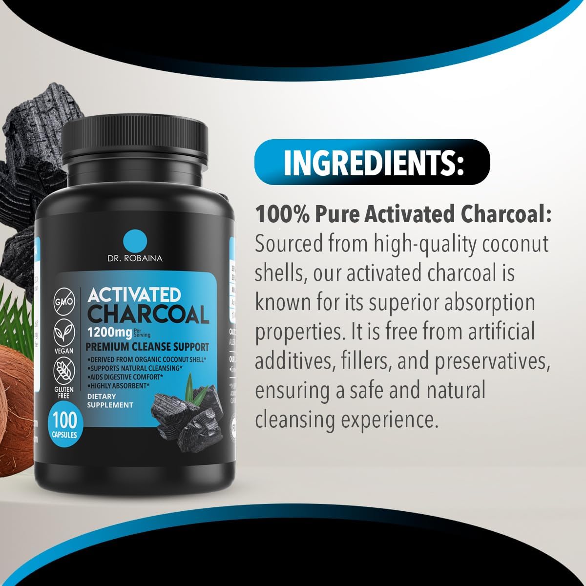 Dr. Robaina Activated Charcoal Capsules 1200 mg – Coconut-Shell Carbon for Gas & Bloating Relief, Digestive Comfort & Next-Morning Support – Vegan • Non-GMO – 100 Count, USA Made
