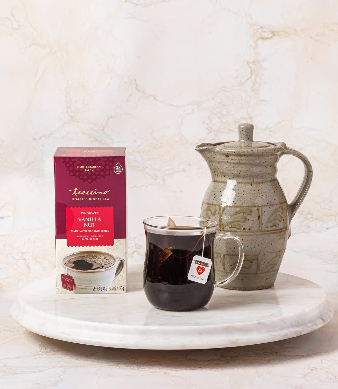 Teeccino Vanilla Nut Herbal Tea, 25 Tea Bags - Rich & Roasted Herbal Tea That’s Caffeine Free & Prebiotic for Natural Energy, 3X more Herbs, Acid Free, Great Hot or Iced