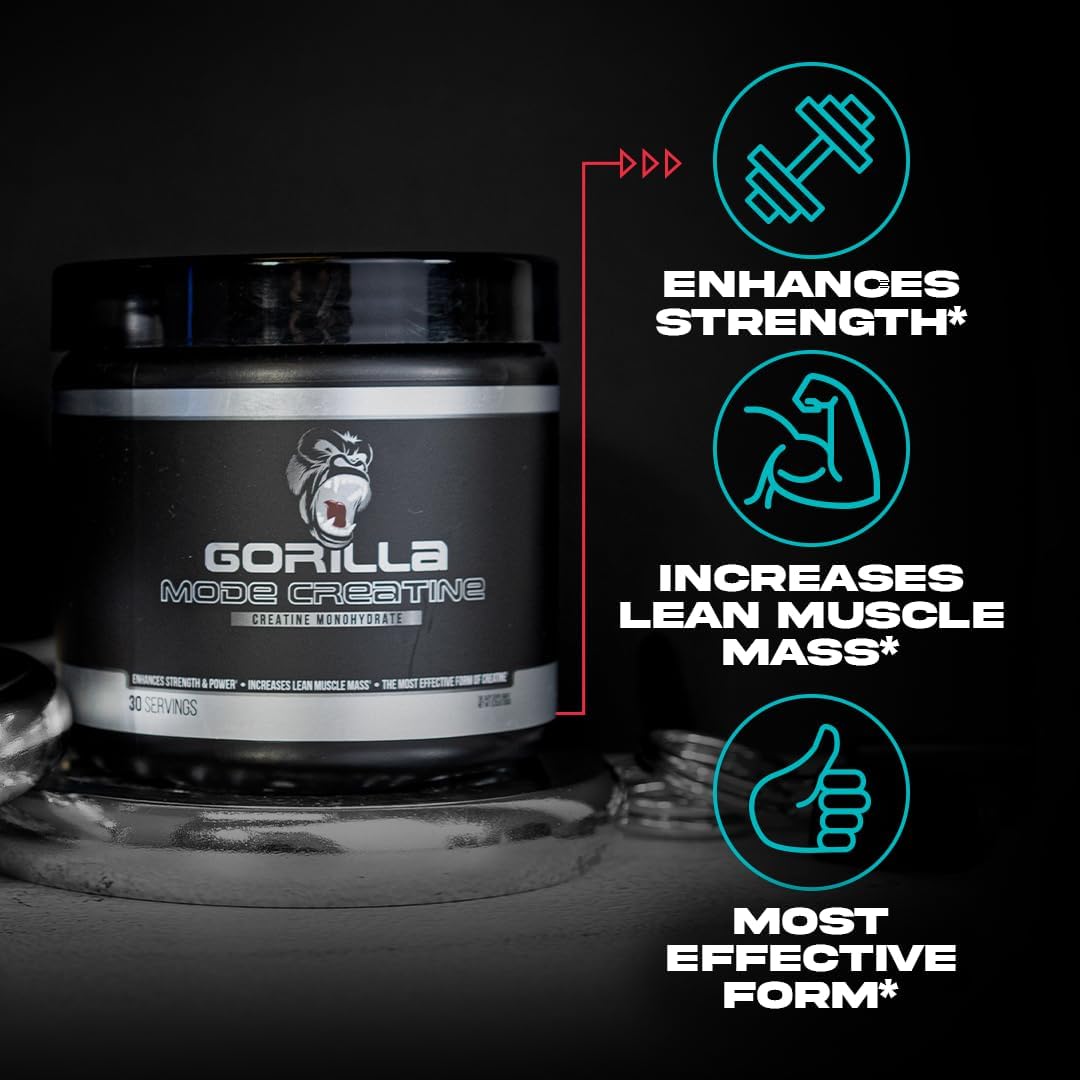 Gorilla Mind Creatine Monohydrate Micronized Powder, Improved Muscle Size, Power Output and Strength, 5 Grams per Serving, 100 Servings