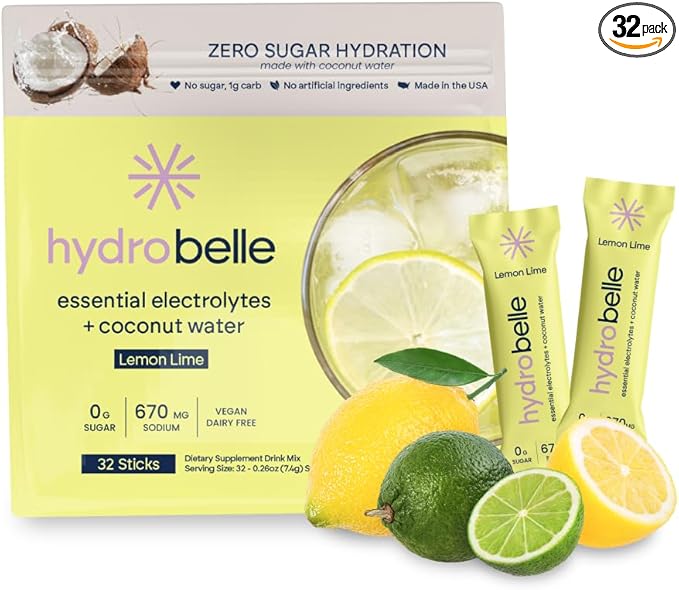 Belle HydroBelle Electrolyte Powder Drink Mix, Lemon Lime, Sugar Free Hydration Packets Made with Coconut Water and Electrolytes, Vegan, Keto, and Dairy Free, Travel Friendly, 32 Count