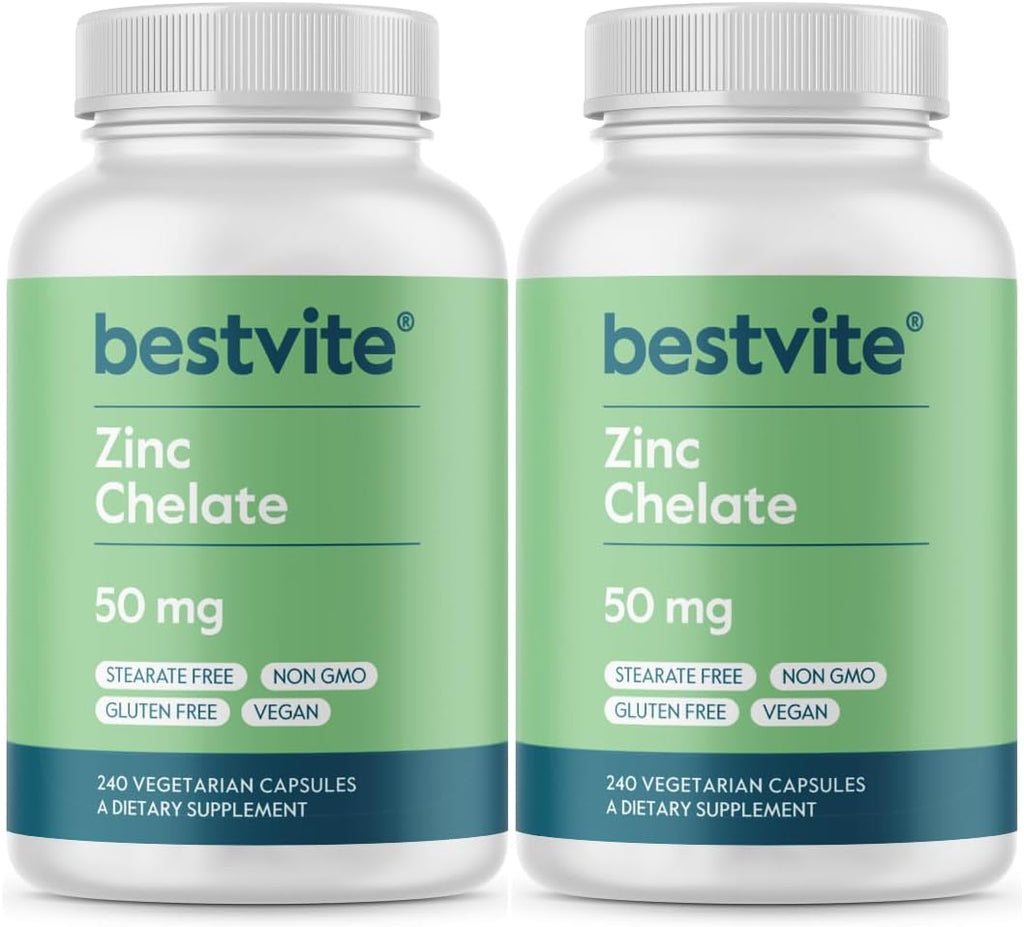 BESTVITE Zinc Chelate 50mg (480 Vegetarian Capsules) (240 x 2) - No Stearates - Vegan - Non GMO - Gluten Free
