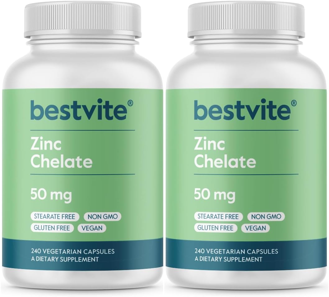 BESTVITE Zinc Chelate 50mg (480 Vegetarian Capsules) (240 x 2) - No Stearates - Vegan - Non GMO - Gluten Free