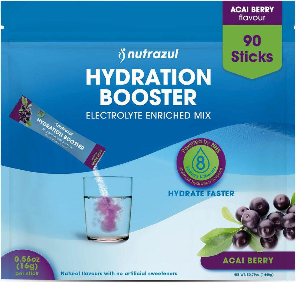 nutrazul Hydration Booster, Electrolytes Powder Sticks with Sodium, Potassium, Vitamin B6 & B12, No Artificial Sweeteners, Acai Berry Flavor, 90 Sticks