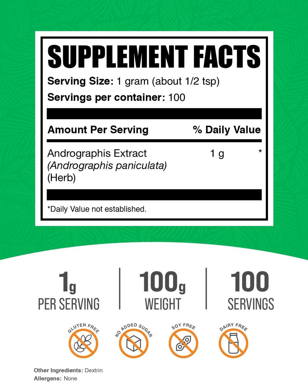 BulkSupplements.com Andrographis Extract Powder - Andrographis Paniculata, Herbal Supplement - Gluten Free, 1g per Serving, 100g (3.5 oz) (Pack of 1)