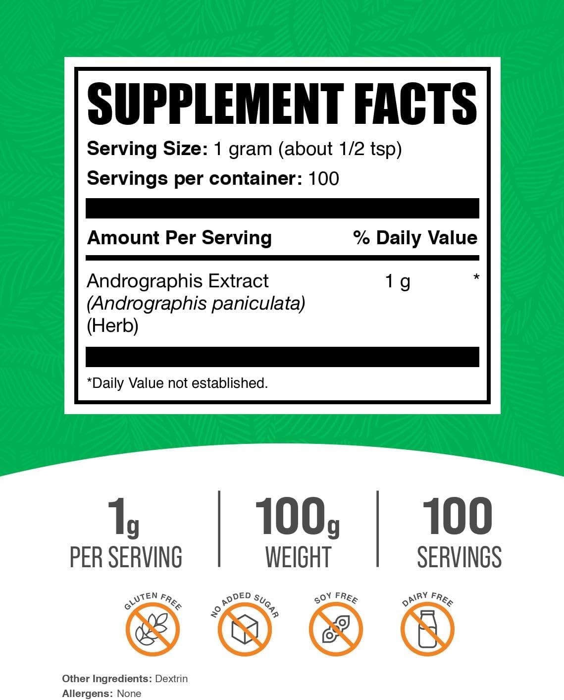 BulkSupplements.com Andrographis Extract Powder - Andrographis Paniculata, Herbal Supplement - Gluten Free, 1g per Serving, 100g (3.5 oz) (Pack of 1)