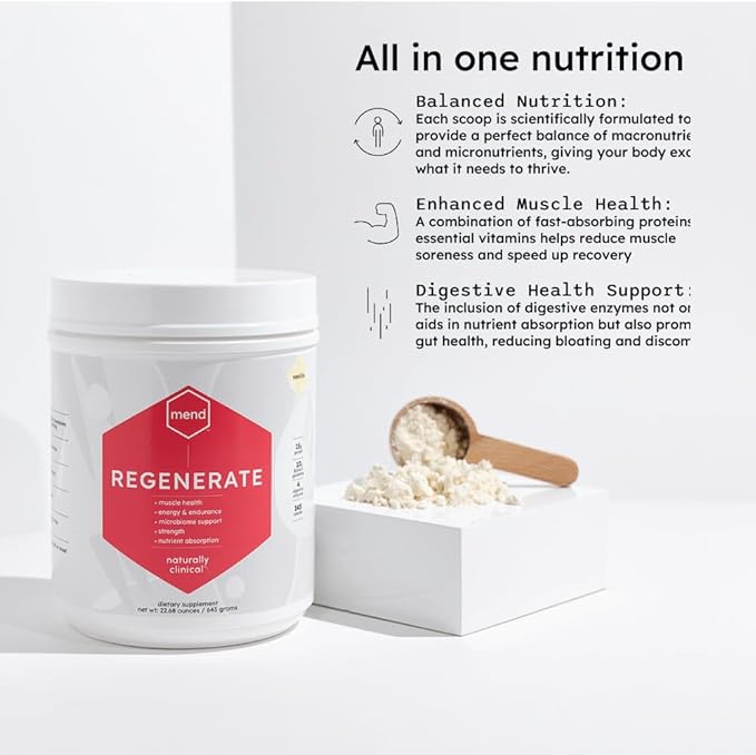 MEND Regenerate, Post Workout Recovery, Immune Support, and Sports Nutrition Supplement for Men and Women - Natural, Gluten Free, and Non-GMO - Vanilla Protein Powder, 20 Servings