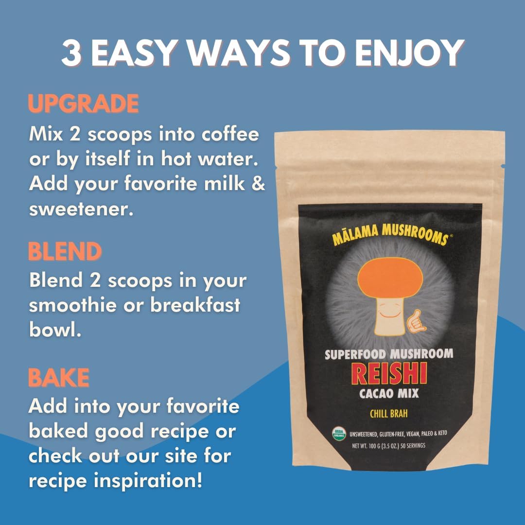 Malama Organic Mushroom Hot Cacao Mix, Reishi Mushroom Powder with Fair Trade Cacao for Immune Support & Relaxation – Vegan Supplement & Superfood, Non GMO, 3.5 oz (50 Servings)