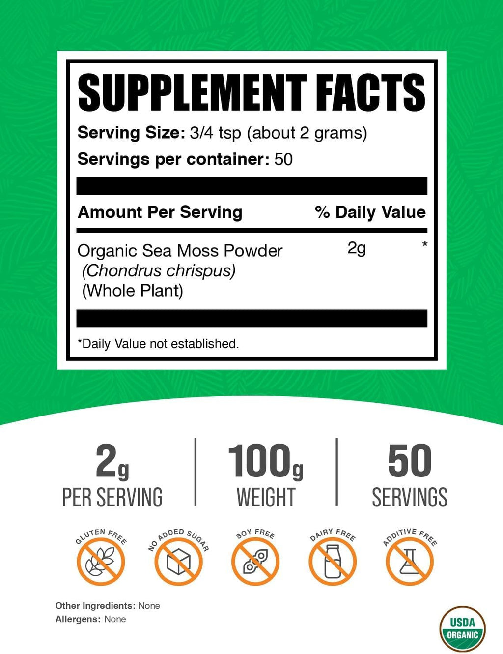 BulkSupplements.com Organic Irish Sea Moss Powder - Sea Moss Supplement, Superfood Supplement - Vegan & Gluten Free, 2g per Serving, 100g (3.5 oz) (Pack of 1)