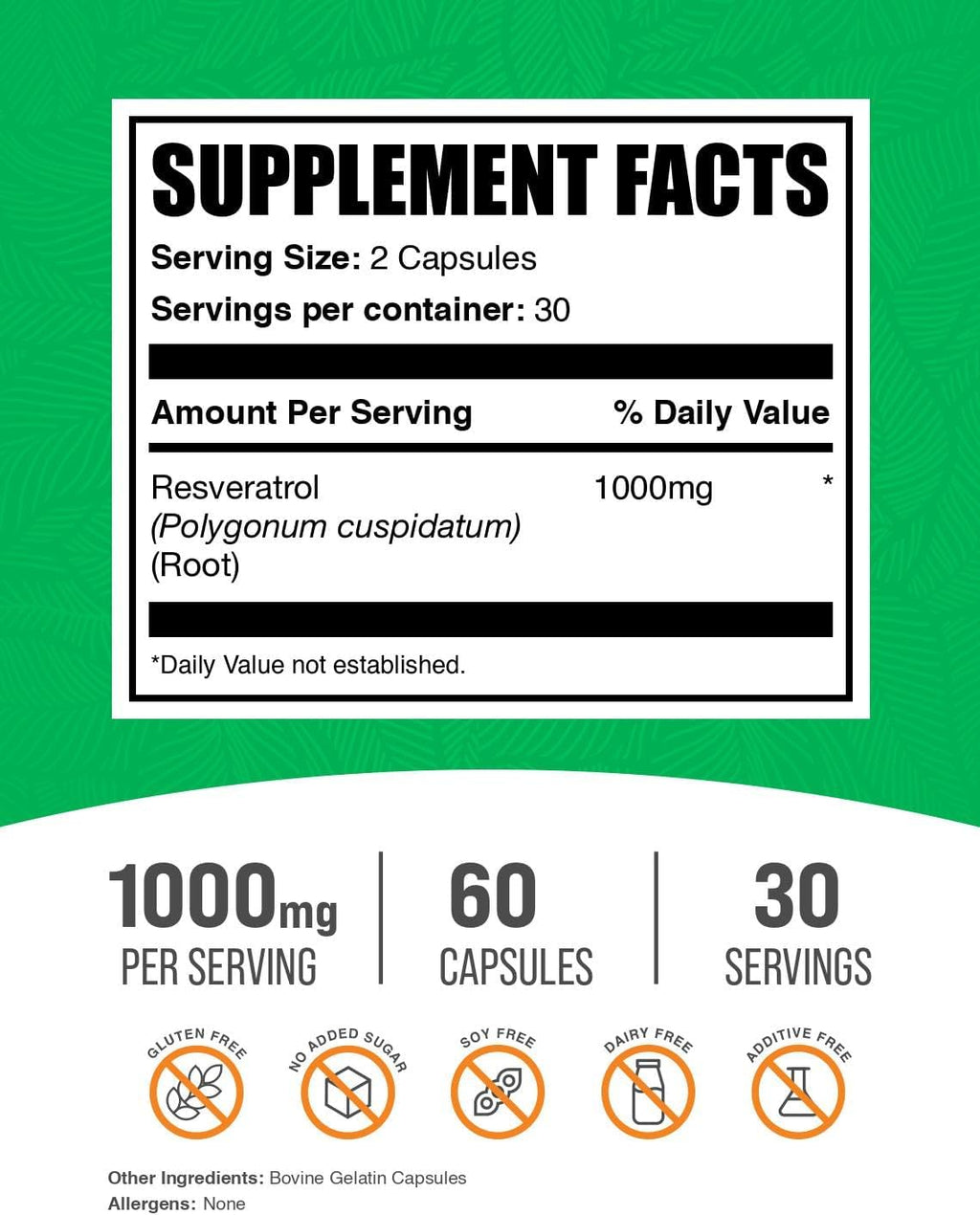 BulkSupplements.com Resveratrol Capsules - Resveratrol Supplement, Polygonum Cuspidatum, Resveratrol 1000mg - Antioxidants Supplement, Resveratrol Pills - 2 Capsules per Serving, 60 Capsules