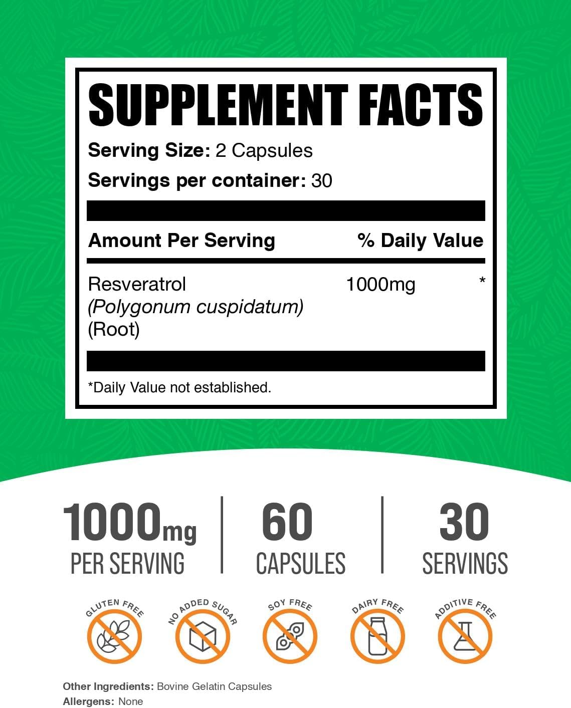 BulkSupplements.com Resveratrol Capsules - Resveratrol Supplement, Polygonum Cuspidatum, Resveratrol 1000mg - Antioxidants Supplement, Resveratrol Pills - 2 Capsules per Serving, 60 Capsules