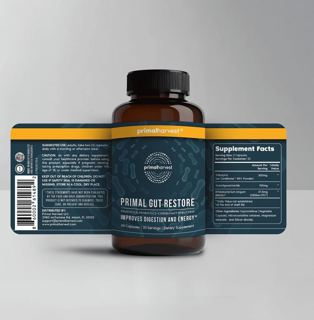 Primal Harvest 2 Pack, Restore for Gut Health, Primal Gut Restore w/POSTbiotics, PREbiotics and PRObiotics for Women and Men, 60 CT - Digestion, Colon Cleanse, Helps Leaky Gut Repair