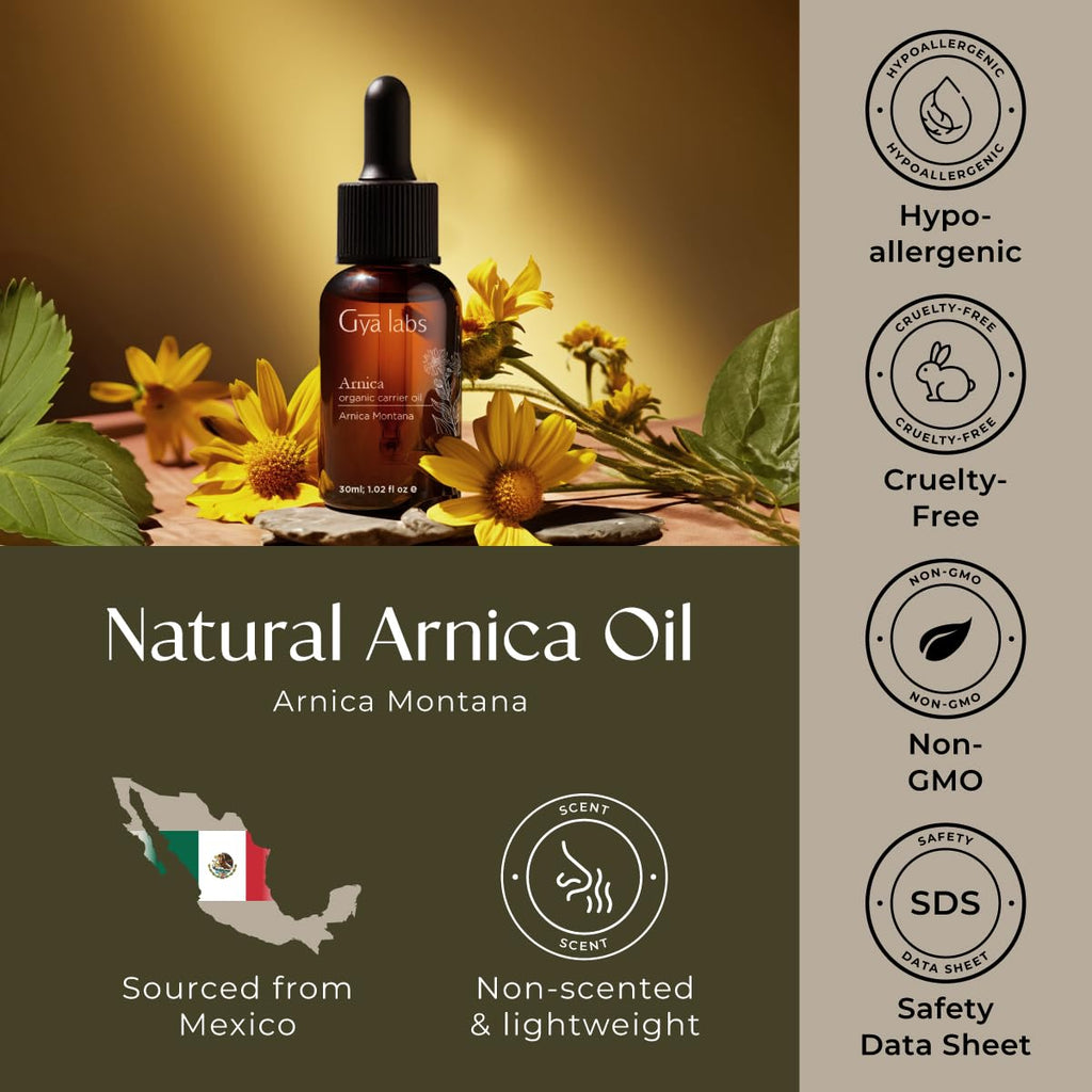 Gya Labs Organic Arnica Oil - 100% Pure Natural Arnica Carrier Oil for Skin, Massage, Aromatherapy & Soothing (1 Fl Oz)