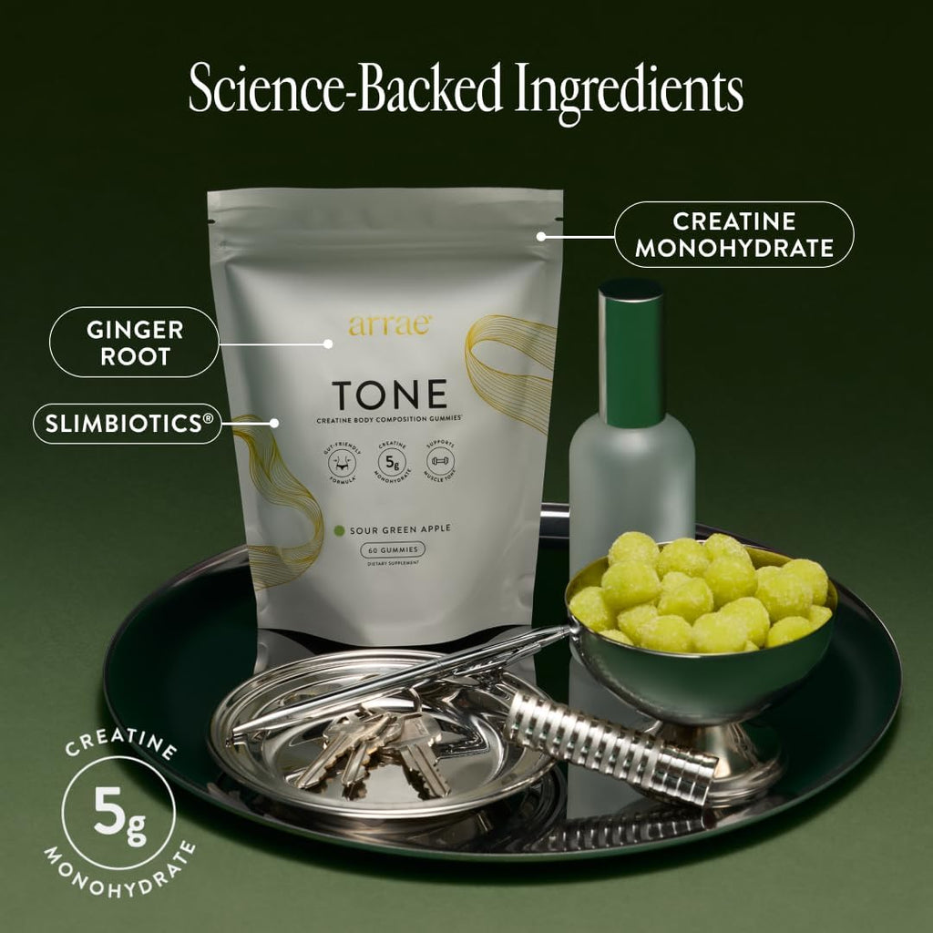 Arrae Tone Gummies – Creatine Monohydrate 5g for Women – Support Lean Muscle, Strength & Recovery – Hormone-Friendly Muscle Toning Supplement – Sour Green Apple Flavor – 60 Count (Sour Green Apple)
