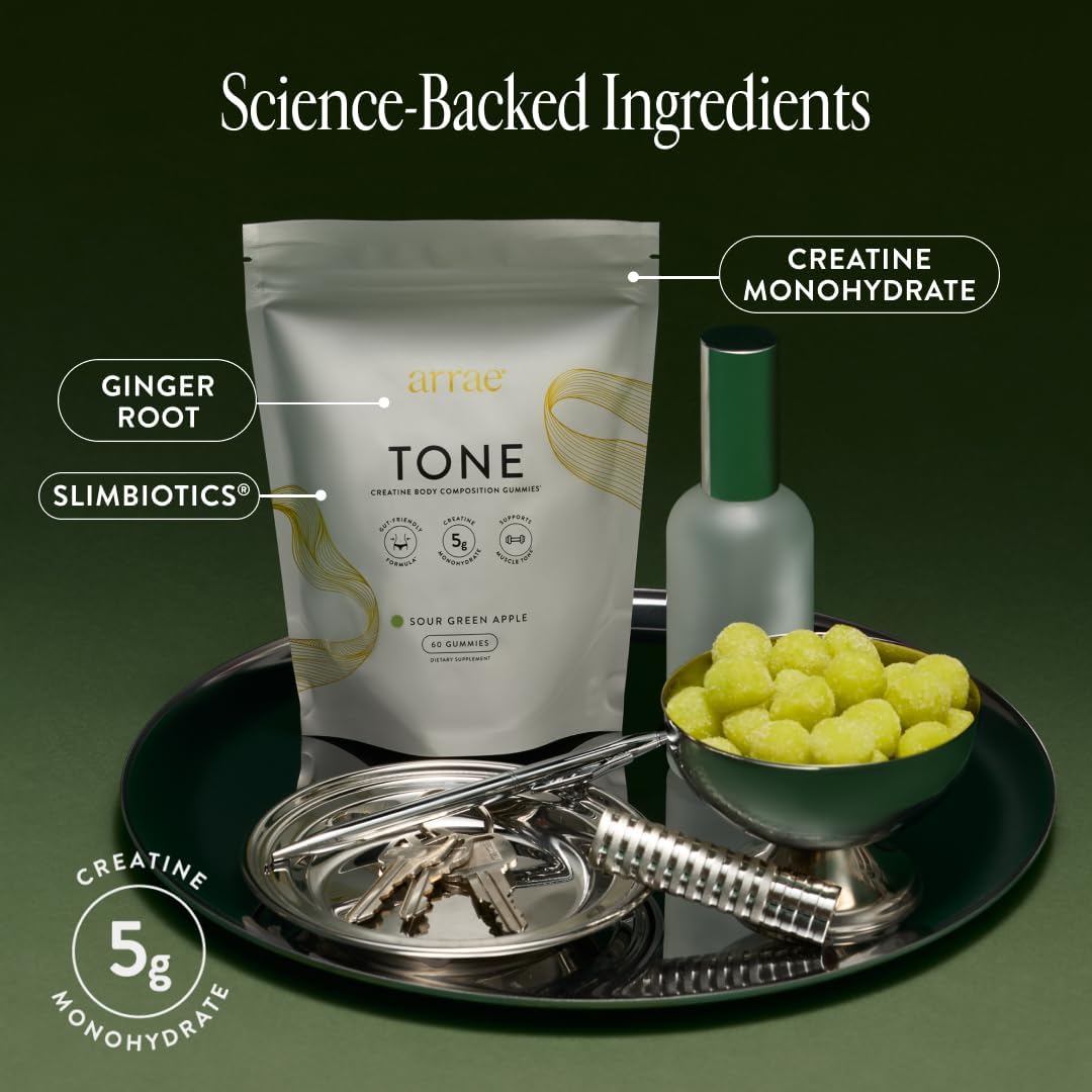 Arrae Tone Gummies – Creatine Monohydrate 5g for Women – Support Lean Muscle, Strength & Recovery – Hormone-Friendly Muscle Toning Supplement – Sour Green Apple Flavor – 60 Count (Sour Green Apple)