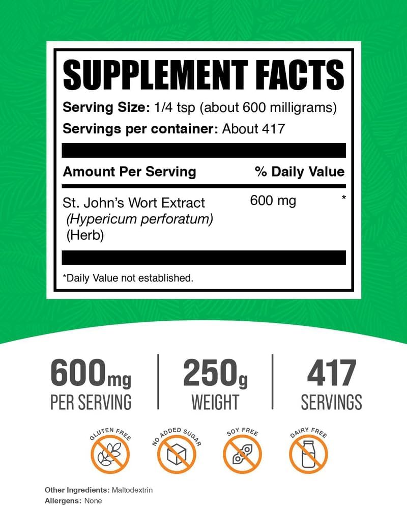BulkSupplements.com St. John's Wort Extract - St. Johns Wort Supplement, Herbal Supplement for Mood - Vegan & Gluten Free, 600mg per Serving, 250g (8.8 oz) (Pack of 1)