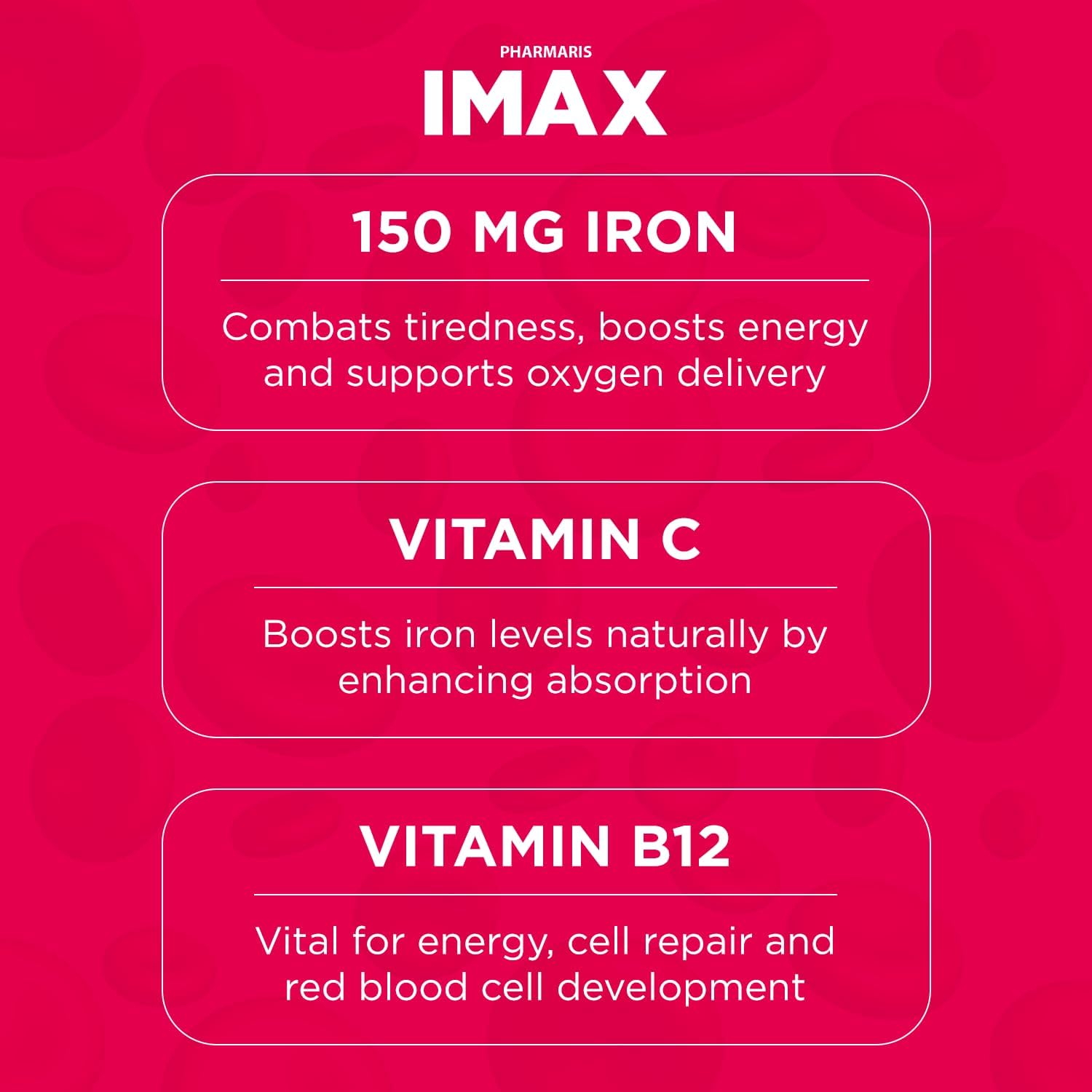 IMAX 150 mg Iron Supplement, 250 mg VIT C, 1000 mcg VIT B12, 30 Capsules, Treatment for Iron Deficiency Anemia, Once Daily Dosing