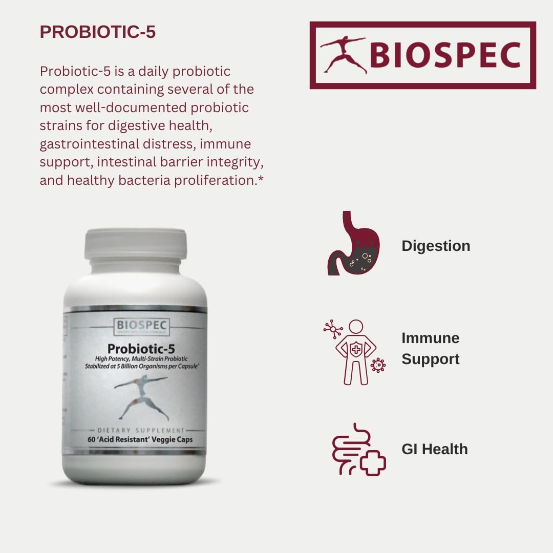 Probiotic-5 – Broad-Spectrum Probiotic Complex w/ 5 Billion Microorganisms and 5 Unique Probiotic Strains per Capsule.