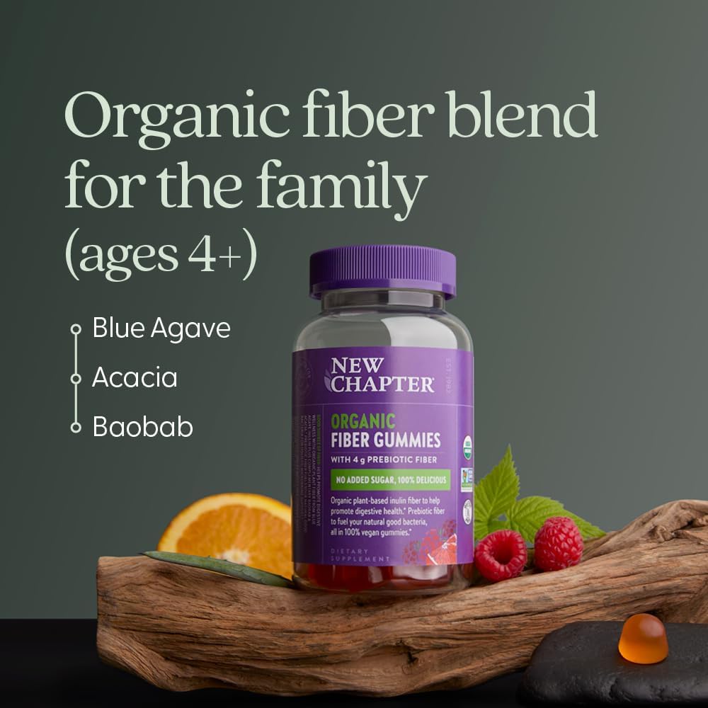 New Chapter Organic Fiber Gummies for Adults & Kids (Age 4+), Plant-Based Prebiotic Fiber for Digestive Health, Vegan, Non-GMO, USDA Organic, Gluten Free, Citrus-Berry Flavored, 60 ct