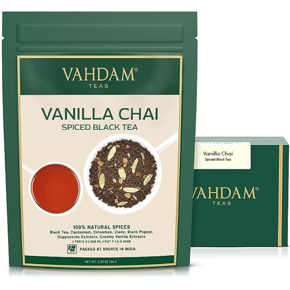 VAHDAM Vanilla Spiced Masala Chai | 3.53oz (50 Cups) Gluten Free Delicious Blend Of Vanilla & Masala Chai | Spiced Chai Tea Loose Leaf | Brew As Hot, Cold Or Iced Tea | Vacuum Sealed Pack