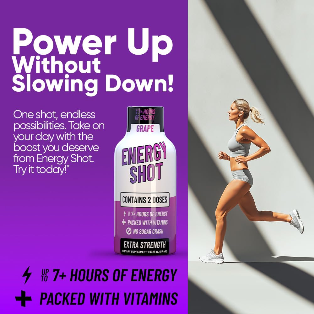 Grape Extra Strength Energy Shot 24 pk – 260mg Natural Caffeine B12 B6 – Energy & Focus Support – 2 Servings Sugar Free Zero Calorie Green Tea B-Vitamins Electrolytes Vegan – 1.93 fl oz