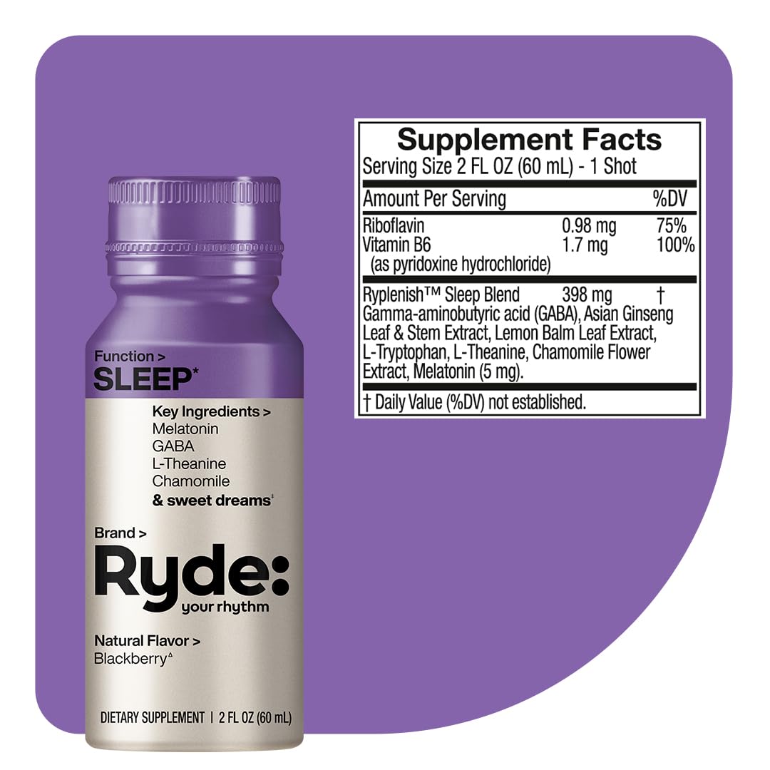 Ryde: SLEEP | 2oz Sleep Shot for Occasional Use | Melatonin, GABA, L-Theanine & Chamomile | Blackberry Natural Flavor | Sugar-Free, Zero Calories, Vegan | Manufactured in USA (24 Pack)