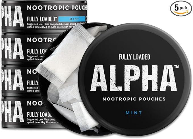 Fully Loaded Alpha Nootropic Pouches (Mint) - 5 Cans - 15 Pouches per can - Effective Nootropic Delivery, Nic Pouch Replacement - Faster Absorption, Alpha GPC, L-Tyrosine, GABA