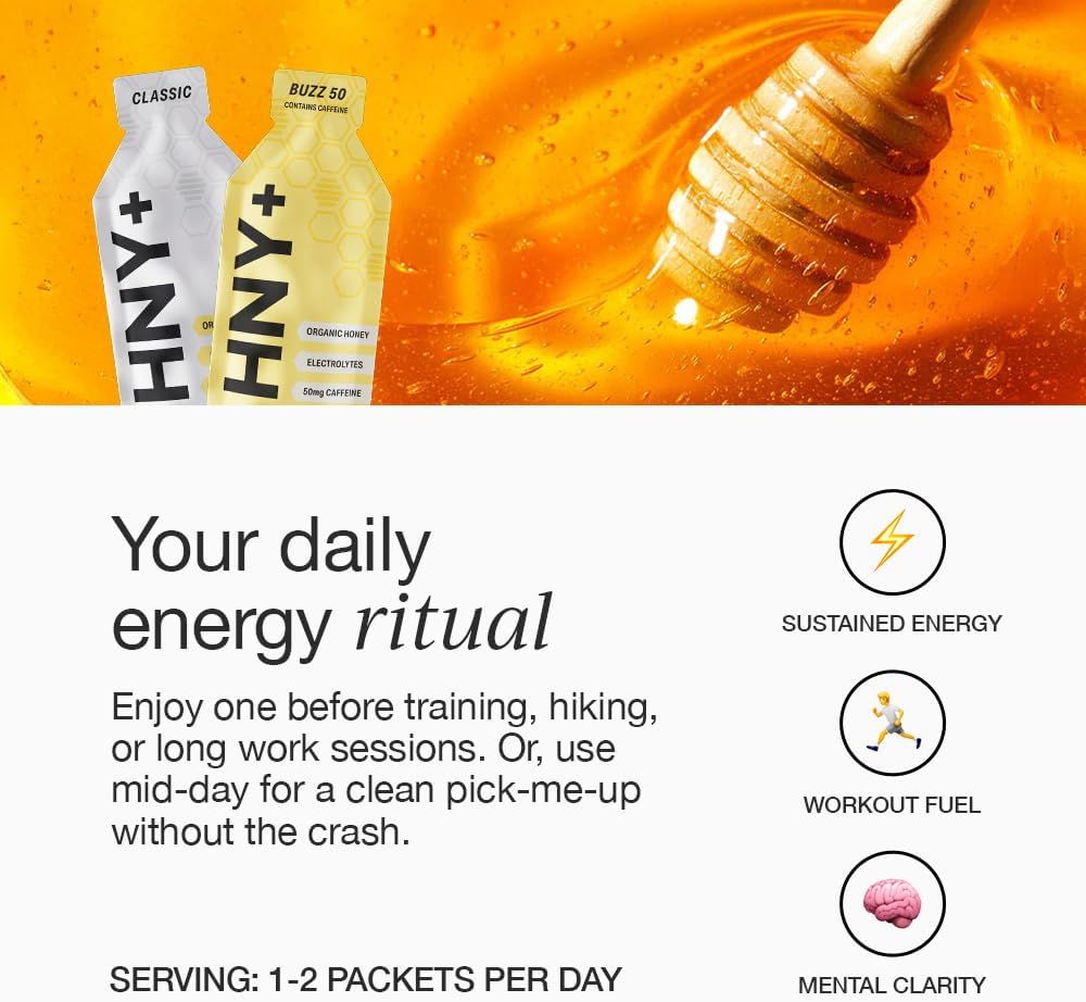 HNY+ Buzz Organic Honey Energy Gel with Electrolytes, Magnesium, Sea Salt, Potassium & Green Tea Caffeine, Gluten Free & Vegan, Workout Gels, for Gym, Running & Hiking, 50mg Caffeine, 12 Pack