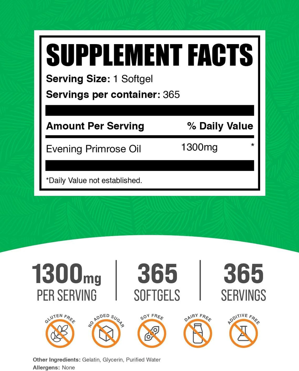 BulkSupplements.com Evening Primrose Oil Softgels - GLA Supplements, Evening Primrose Oil 1300mg - Gluten Free, 1 Softgel per Serving, 365 Count (Pack of 1)