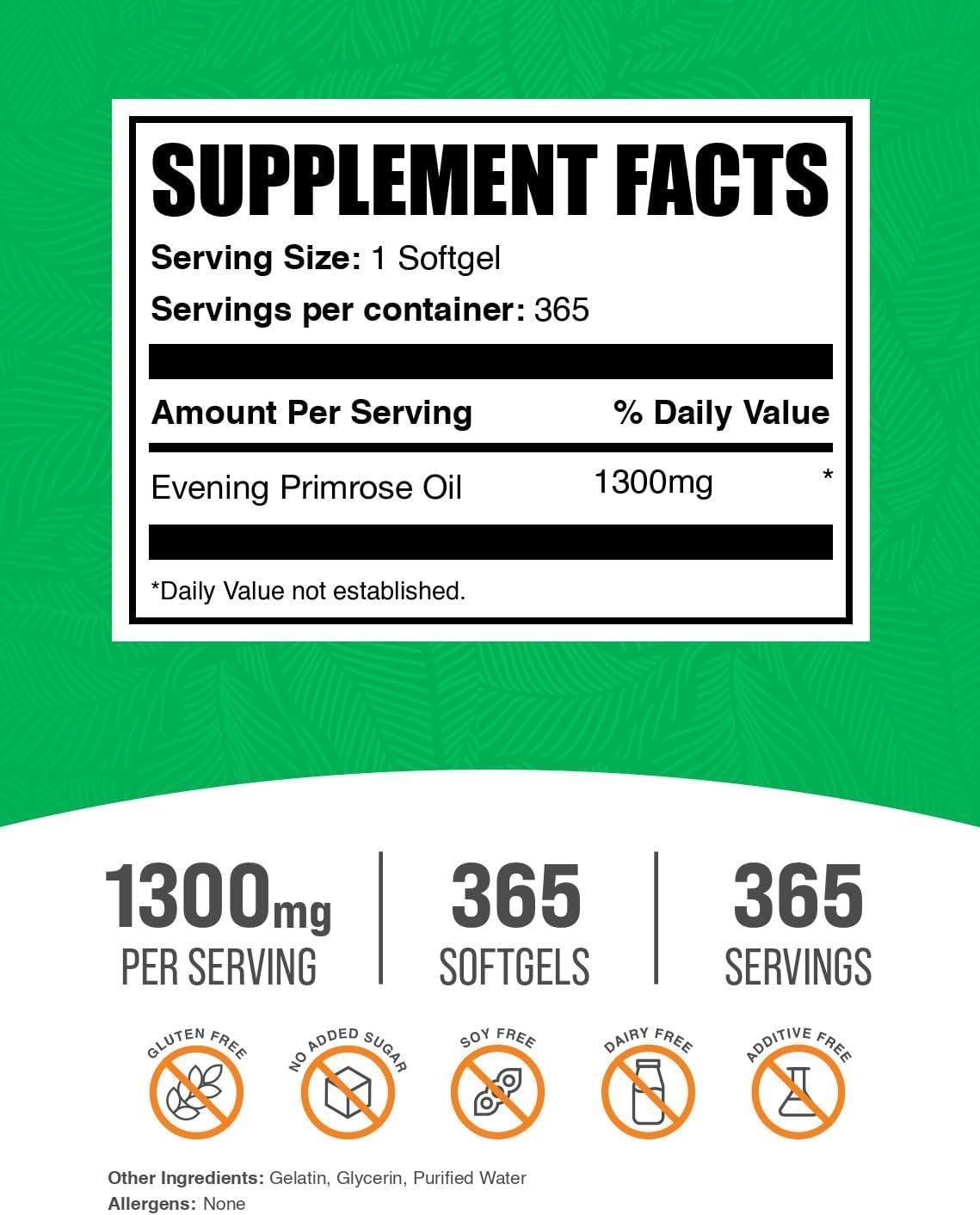BulkSupplements.com Evening Primrose Oil Softgels - GLA Supplements, Evening Primrose Oil 1300mg - Gluten Free, 1 Softgel per Serving, 365 Count (Pack of 1)