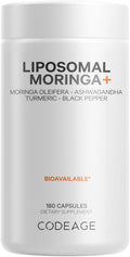 Codeage Liposomal Moringa+ Supplement, 400mg Moringa 50:1 Extract - 20,000mg Moringa Oleifera Leaf Equivalent - Turmeric, Ashwagandha, Black Pepper, 3-Month Supply, Vegan Moringa Powder - 180 Capsules