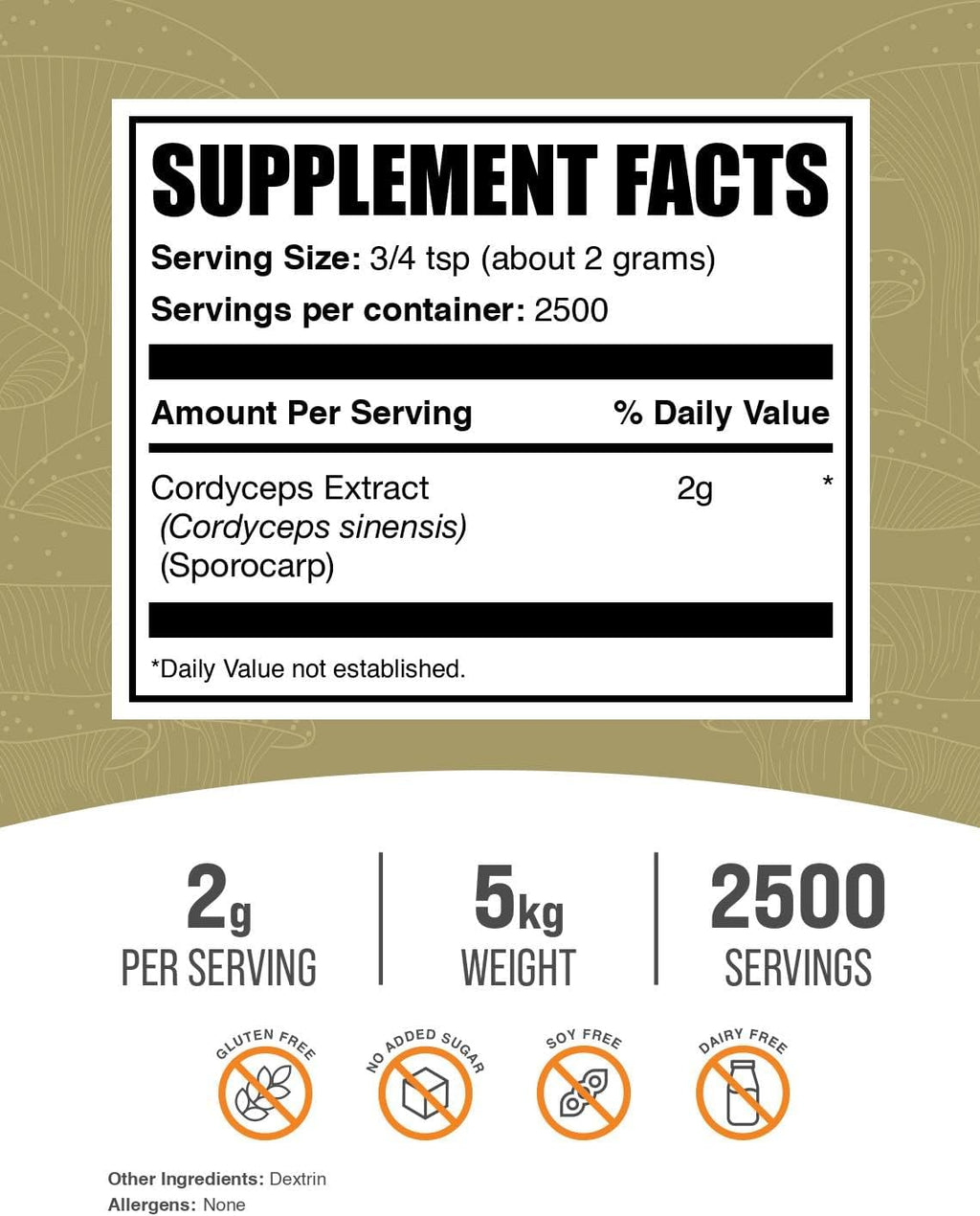 BulkSupplements.com Cordyceps Mushroom Extract Powder - Cordyceps Sinensis, Mushroom Supplement - Vegan & Gluten Free, 2g per Serving, 1kg (Pack of 5) (11 lbs)