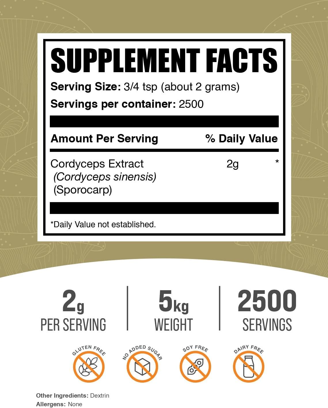 BulkSupplements.com Cordyceps Mushroom Extract Powder - Cordyceps Sinensis, Mushroom Supplement - Vegan & Gluten Free, 2g per Serving, 1kg (Pack of 5) (11 lbs)