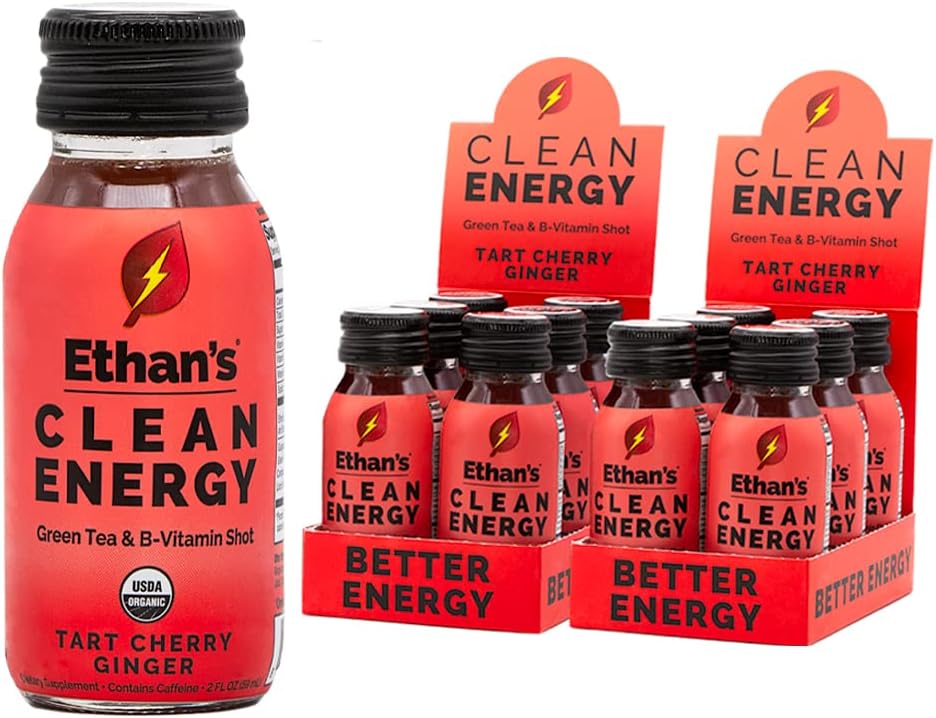 Ethan's Organic Clean Energy Shots Tart Cherry Ginger, Sugar Free Natural Pre-Workout Focus Boost, Gluten Free, Vegan, B6 & B12 Vitamin C with Green Tea Extract and Guayusa (12 Pack of 2oz Shots)