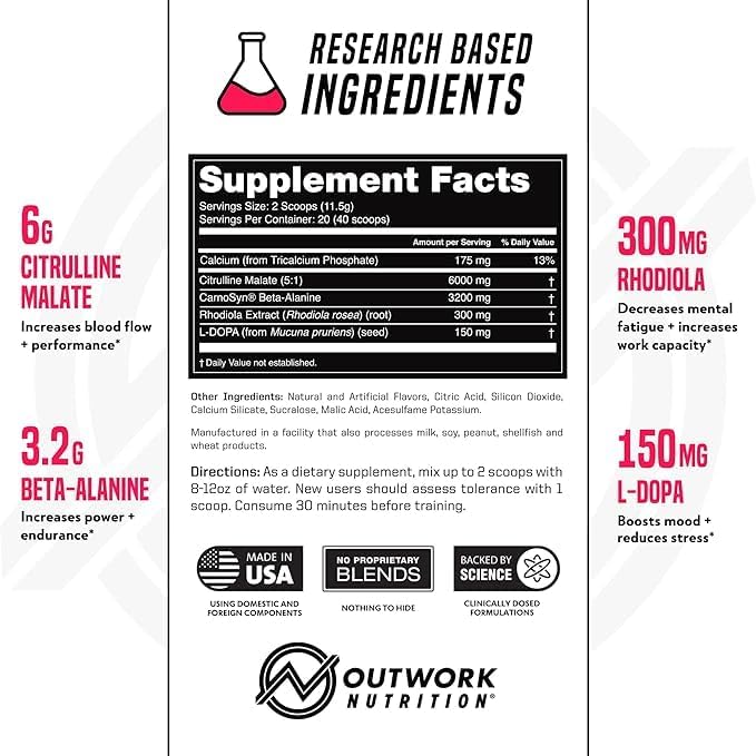 Outwork Nutrition Non-Stim Pre Workout Powder - Citrulline Malate, Beta-Alanine, Rhodiola Extract for Performance, Focus & Energy Boost - Preworkout for Men, Women (Caffeine Free, Tropical Candy)
