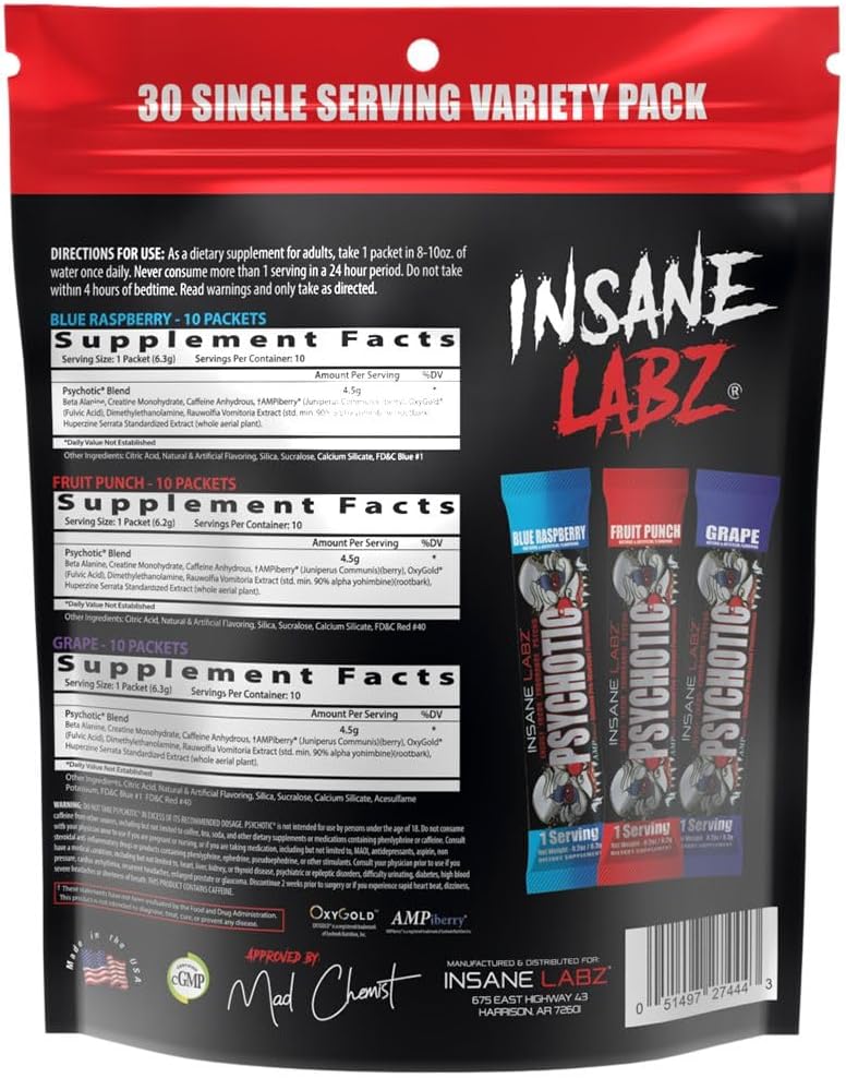 Insane Labz Psychotic, High Stimulant Pre Workout Powder, Extreme Lasting Energy, Focus and Endurance with Beta Alanine, Creatine Monohydrate, DMAE, (Variety, 30 Servings)